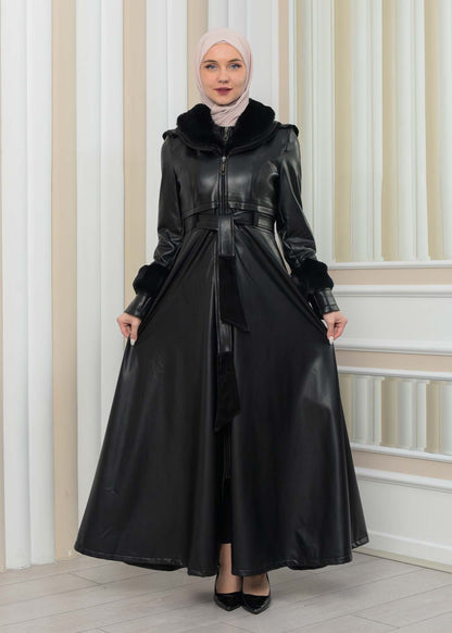 Luxus Double Cloche Ledermantel mit Kaninchenfell-Futter 1349 - Schwarz