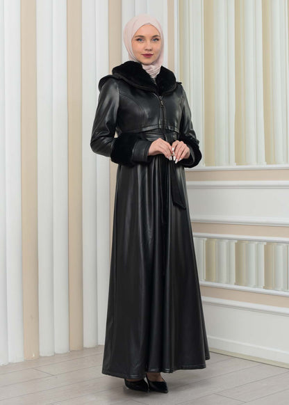 Luxus Double Cloche Ledermantel mit Kaninchenfell-Futter 1349 - Schwarz