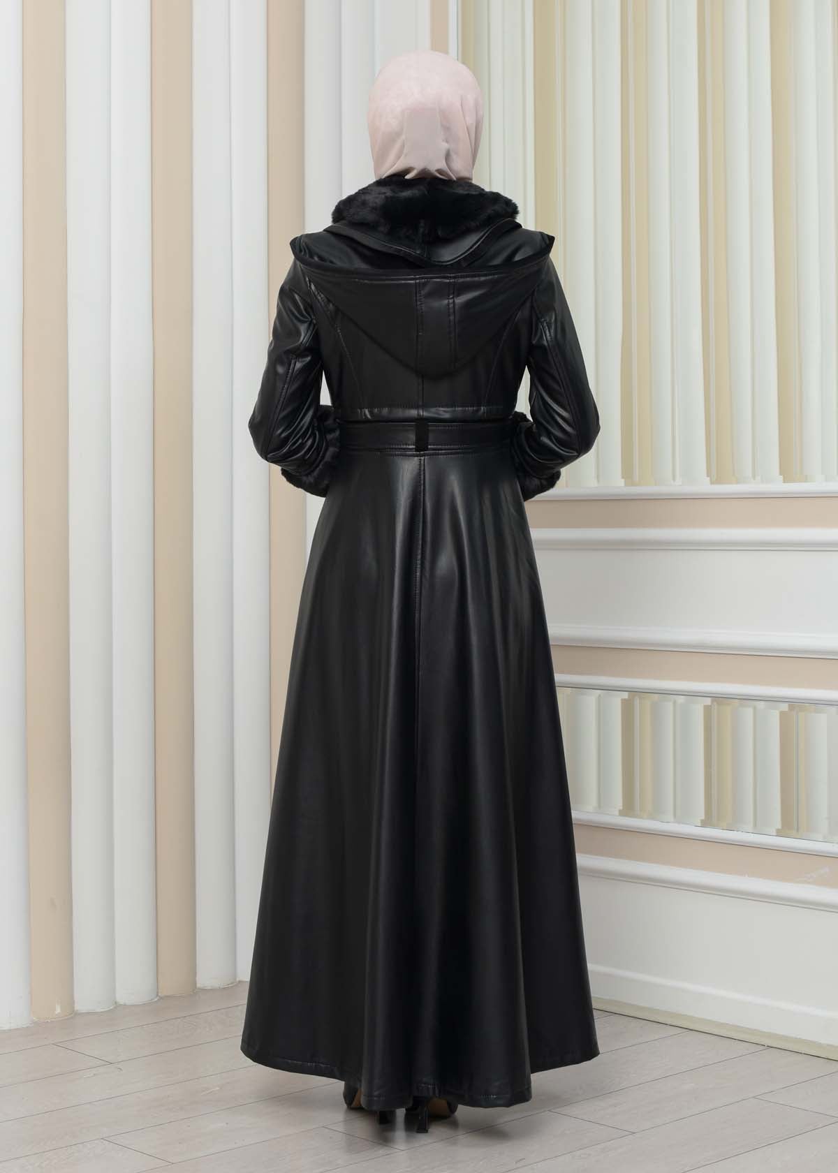 Luxus Double Cloche Ledermantel mit Kaninchenfell-Futter 1349 - Schwarz