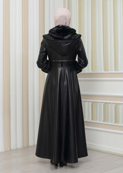 Luxus Double Cloche Ledermantel mit Kaninchenfell-Futter 1349 - Schwarz