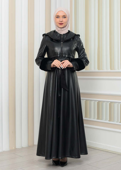 Luxus Double Cloche Ledermantel mit Kaninchenfell-Futter 1349 - Schwarz