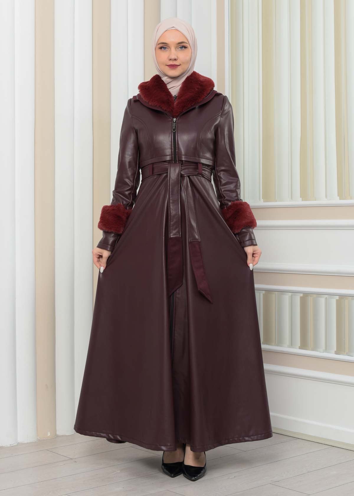 Luxus Double Cloche Ledermantel mit Kaninchenfell-Futter 1349 - Bordeaux