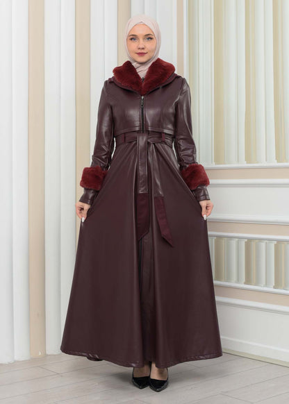 Luxus Double Cloche Ledermantel mit Kaninchenfell-Futter 1349 - Bordeaux