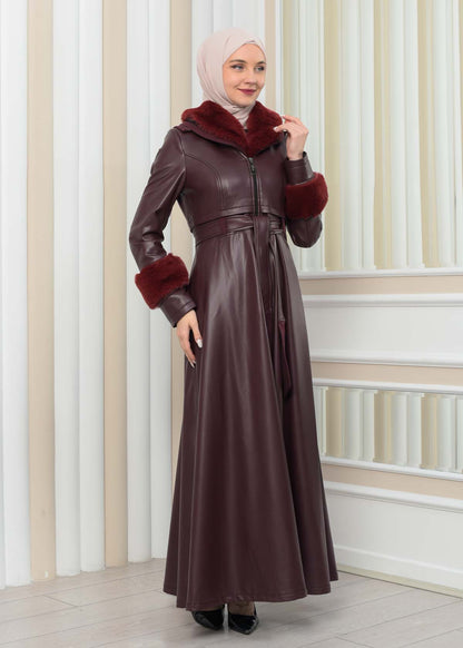Luxus Double Cloche Ledermantel mit Kaninchenfell-Futter 1349 - Bordeaux