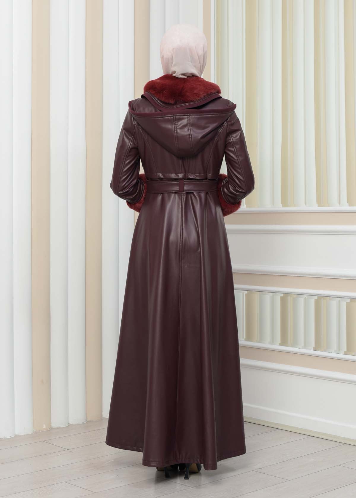 Luxus Double Cloche Ledermantel mit Kaninchenfell-Futter 1349 - Bordeaux