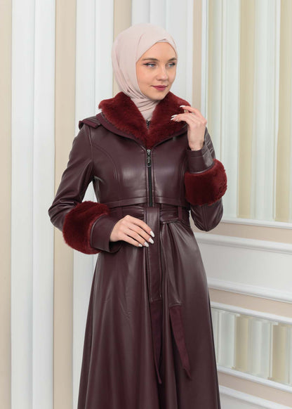 Luxus Double Cloche Ledermantel mit Kaninchenfell-Futter 1349 - Bordeaux