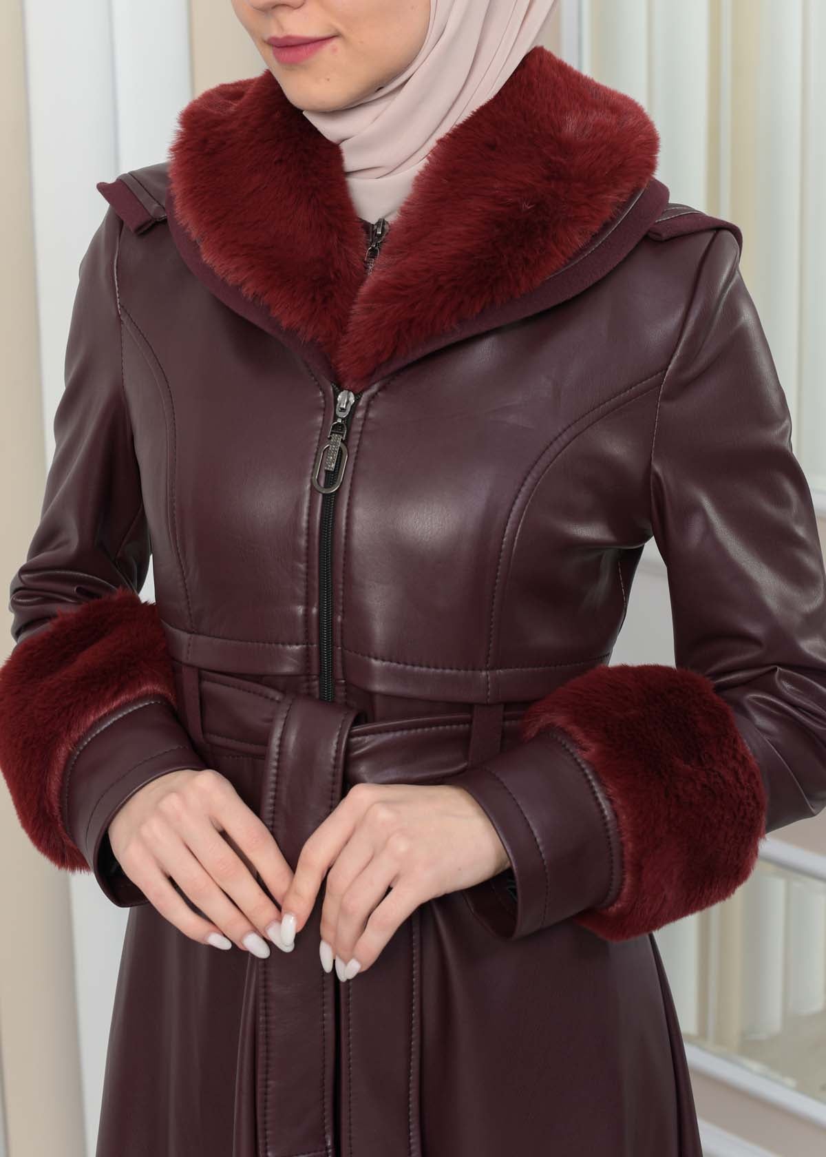 Luxus Double Cloche Ledermantel mit Kaninchenfell-Futter 1349 - Bordeaux