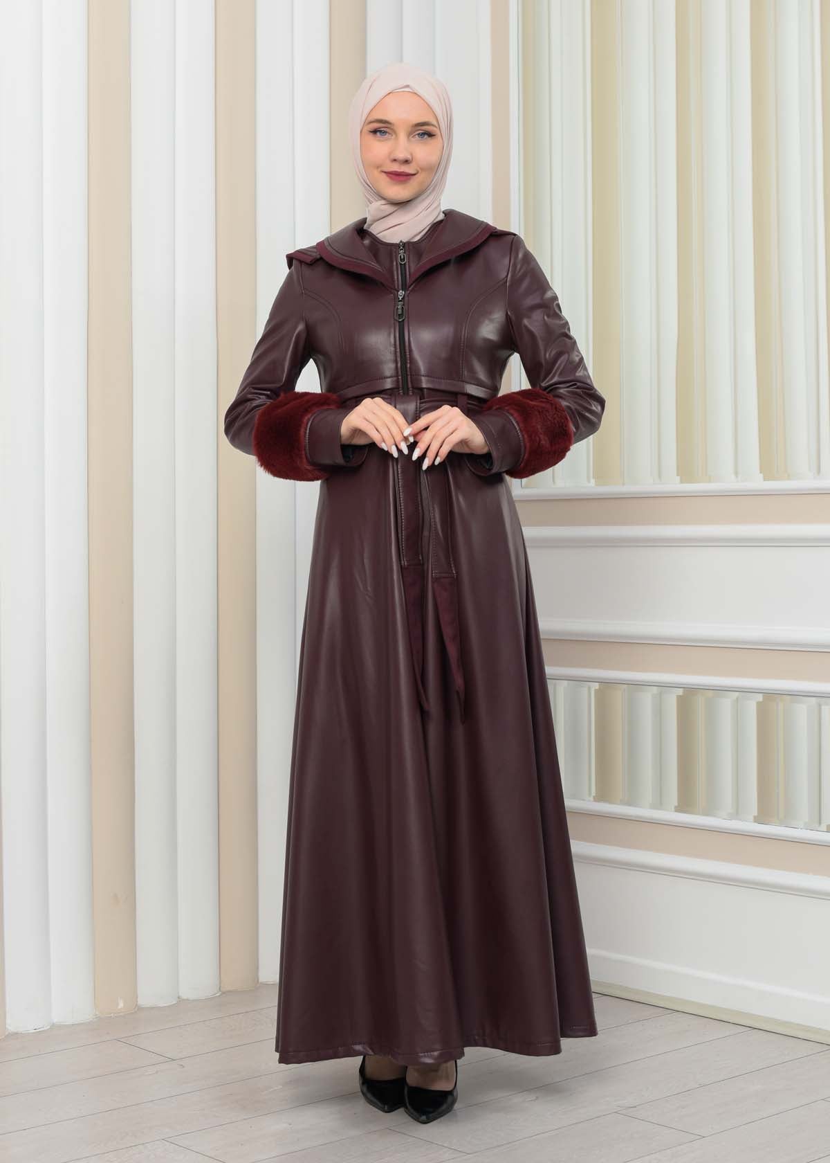 Luxus Double Cloche Ledermantel mit Kaninchenfell-Futter 1349 - Bordeaux