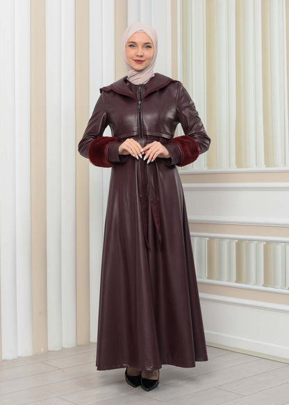 Luxus Double Cloche Ledermantel mit Kaninchenfell-Futter 1349 - Bordeaux