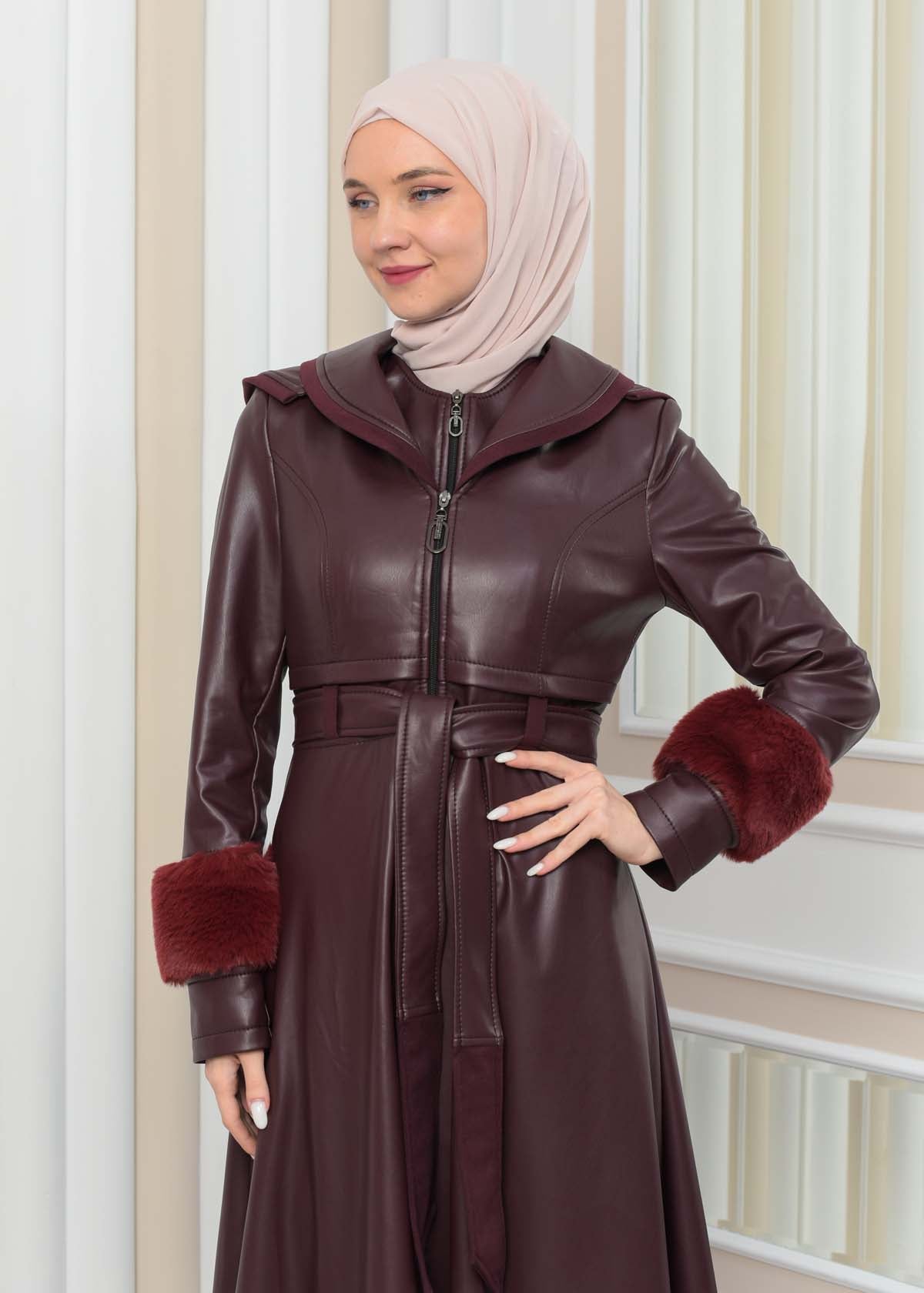 Luxus Double Cloche Ledermantel mit Kaninchenfell-Futter 1349 - Bordeaux