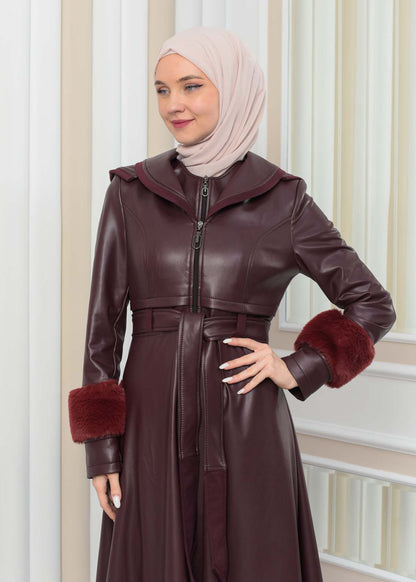 Luxus Double Cloche Ledermantel mit Kaninchenfell-Futter 1349 - Bordeaux