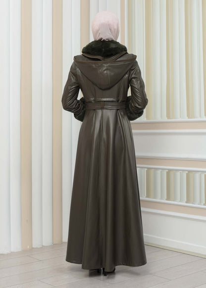 Luxus Double Cloche Ledermantel mit Kaninchenfell-Futter 1349 - Khaki