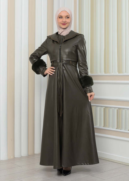 Luxus Double Cloche Ledermantel mit Kaninchenfell-Futter 1349 - Khaki