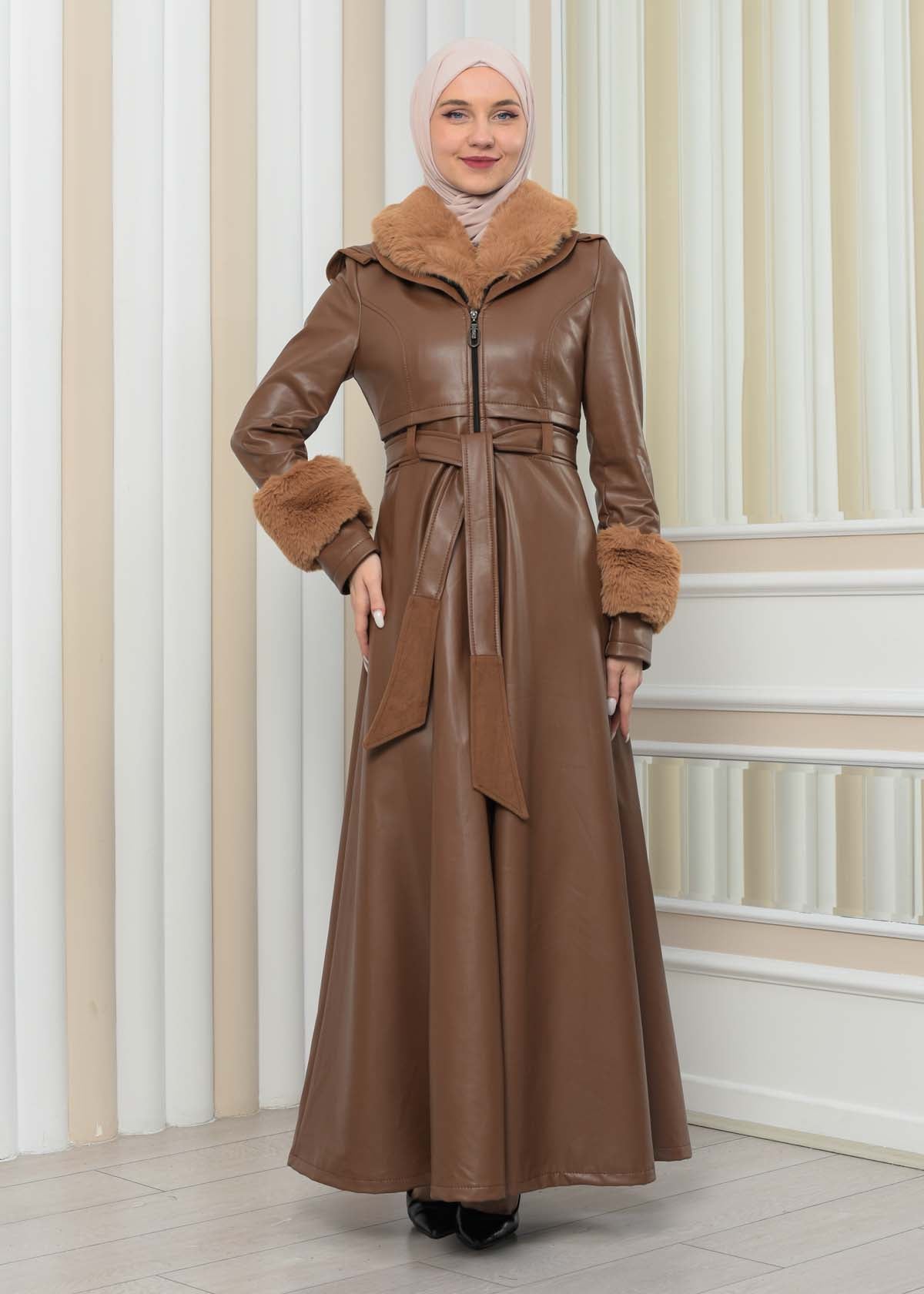 Luxus Double Cloche Ledermantel mit Kaninchenfell-Futter 1349 - Cognac