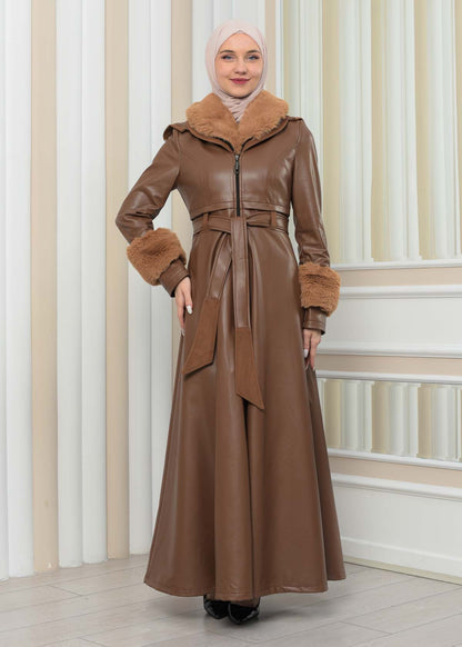 Luxus Double Cloche Ledermantel mit Kaninchenfell-Futter 1349 - Cognac