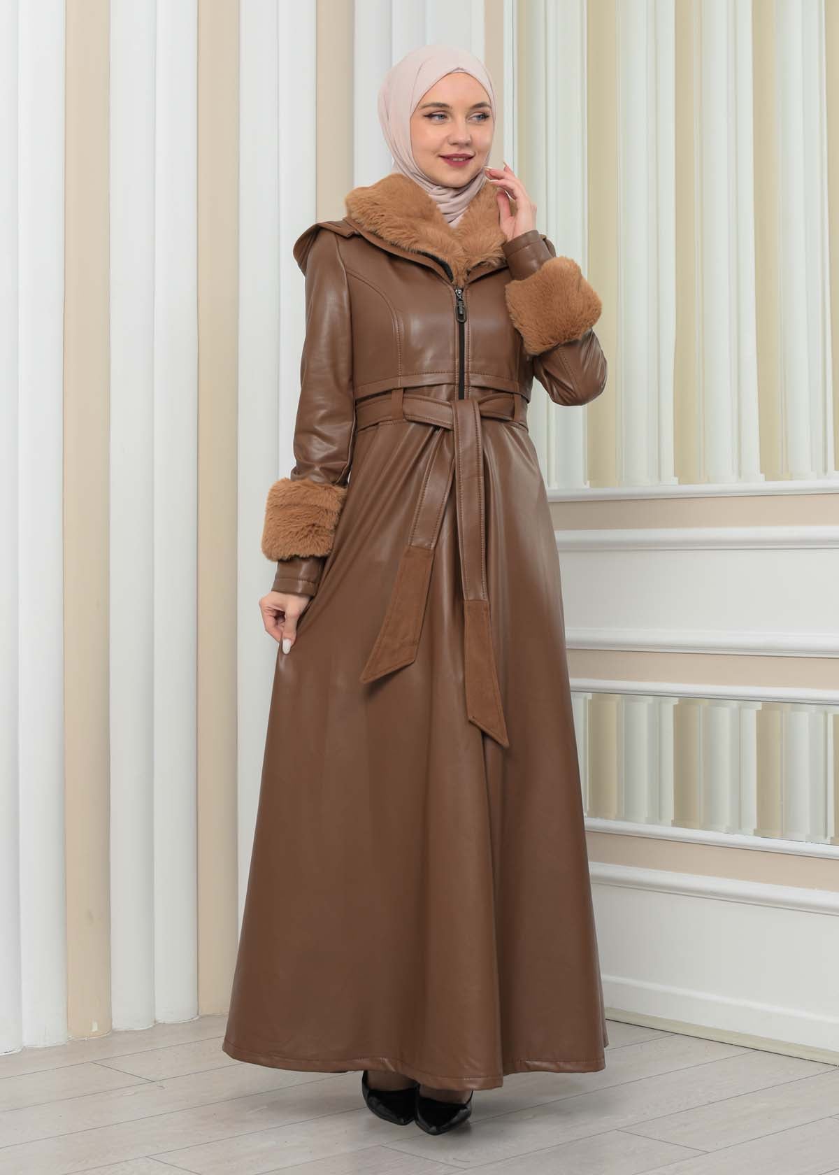 Luxus Double Cloche Ledermantel mit Kaninchenfell-Futter 1349 - Cognac