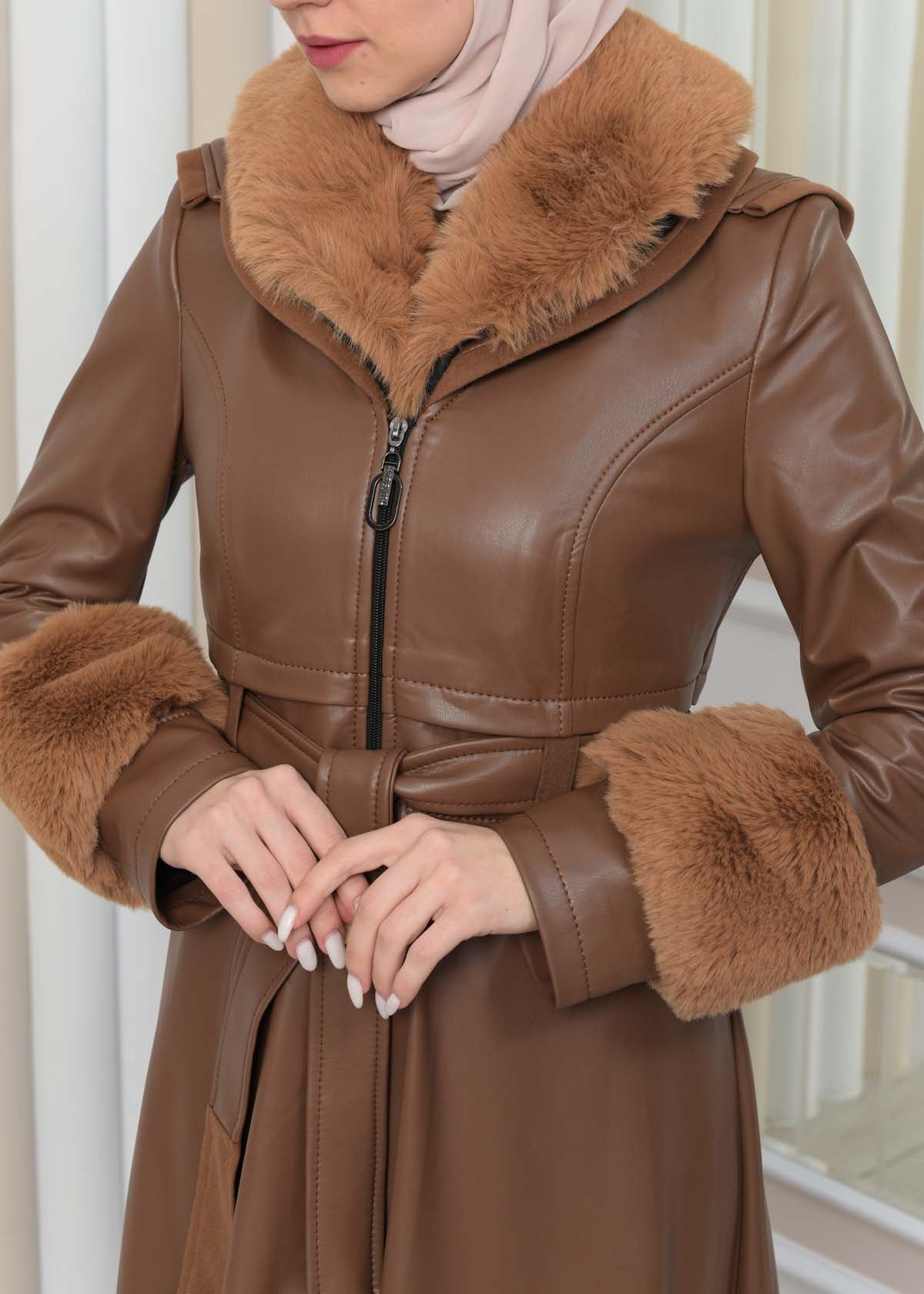 Luxus Double Cloche Ledermantel mit Kaninchenfell-Futter 1349 - Cognac