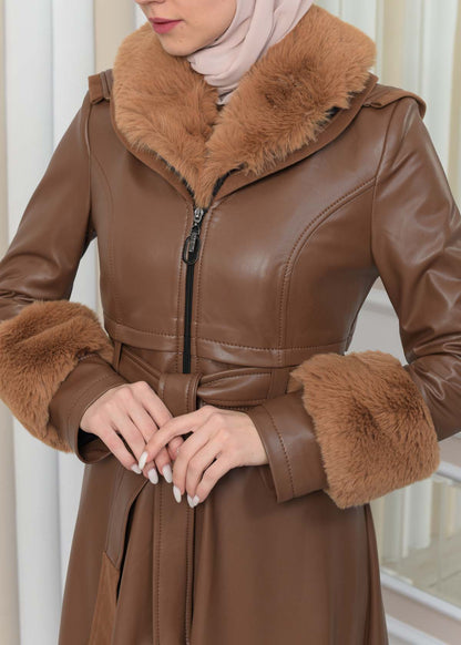 Luxus Double Cloche Ledermantel mit Kaninchenfell-Futter 1349 - Cognac
