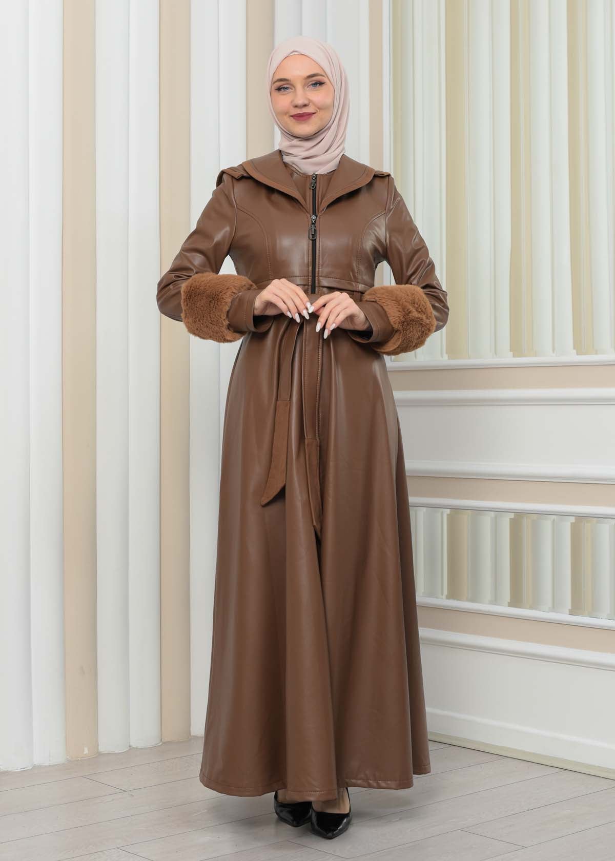 Luxus Double Cloche Ledermantel mit Kaninchenfell-Futter 1349 - Cognac