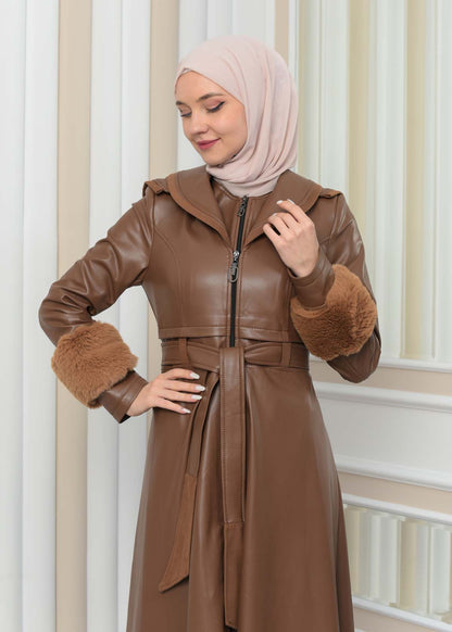 Luxus Double Cloche Ledermantel mit Kaninchenfell-Futter 1349 - Cognac