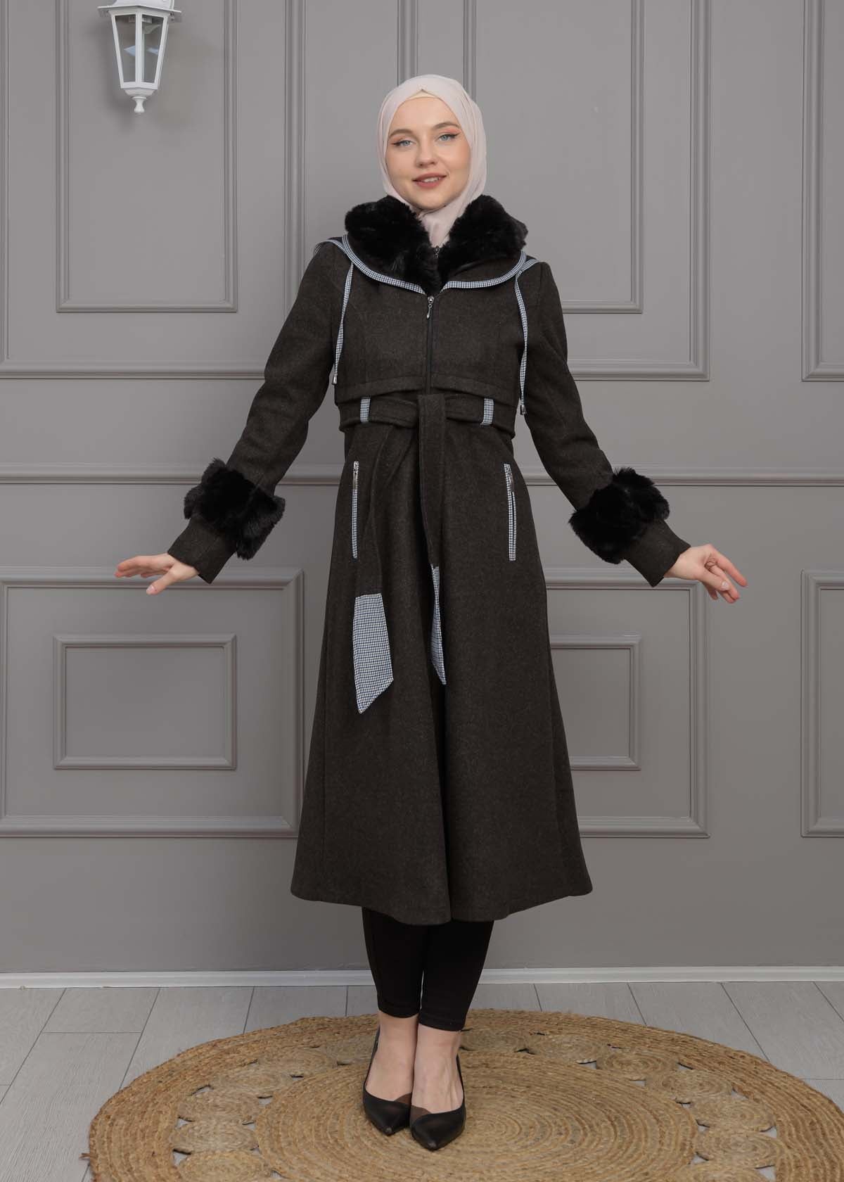 Luxuriöser Damen Trenchcoat aus Wolltuch mit Kaninchenfutter 1355 - Schwarz