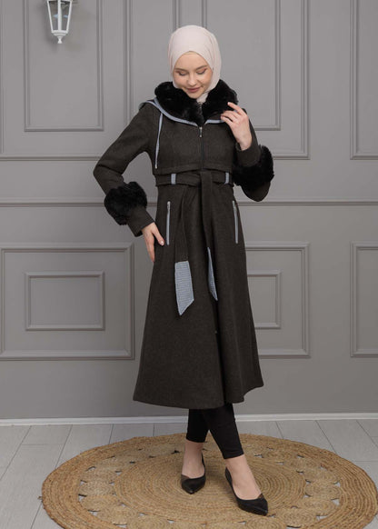 Luxuriöser Damen Trenchcoat aus Wolltuch mit Kaninchenfutter 1355 - Schwarz