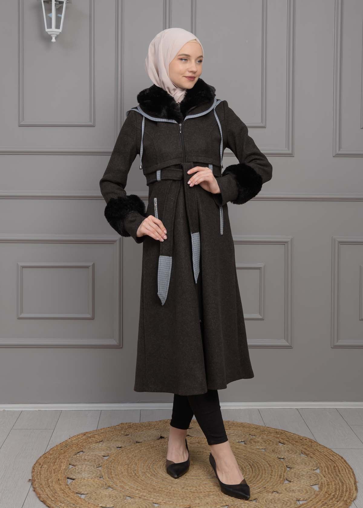 Luxuriöser Damen Trenchcoat aus Wolltuch mit Kaninchenfutter 1355 - Schwarz