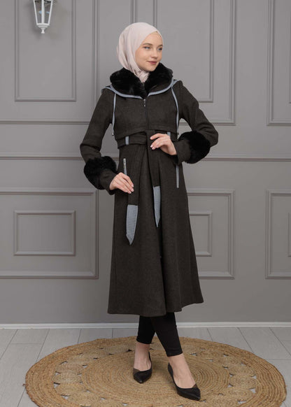 Luxuriöser Damen Trenchcoat aus Wolltuch mit Kaninchenfutter 1355 - Schwarz
