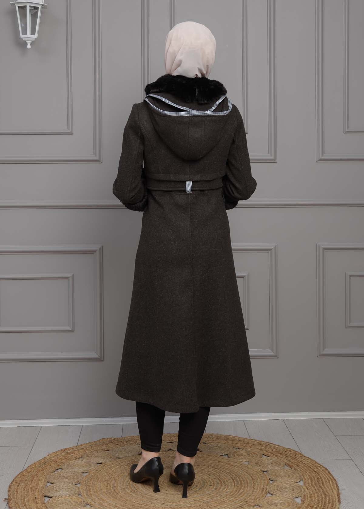 Luxuriöser Damen Trenchcoat aus Wolltuch mit Kaninchenfutter 1355 - Schwarz