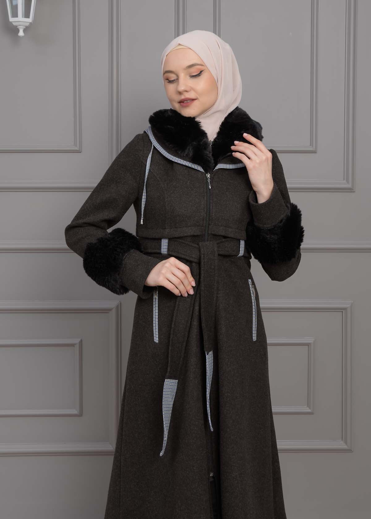 Luxuriöser Damen Trenchcoat aus Wolltuch mit Kaninchenfutter 1355 - Schwarz