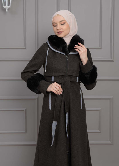 Luxuriöser Damen Trenchcoat aus Wolltuch mit Kaninchenfutter 1355 - Schwarz