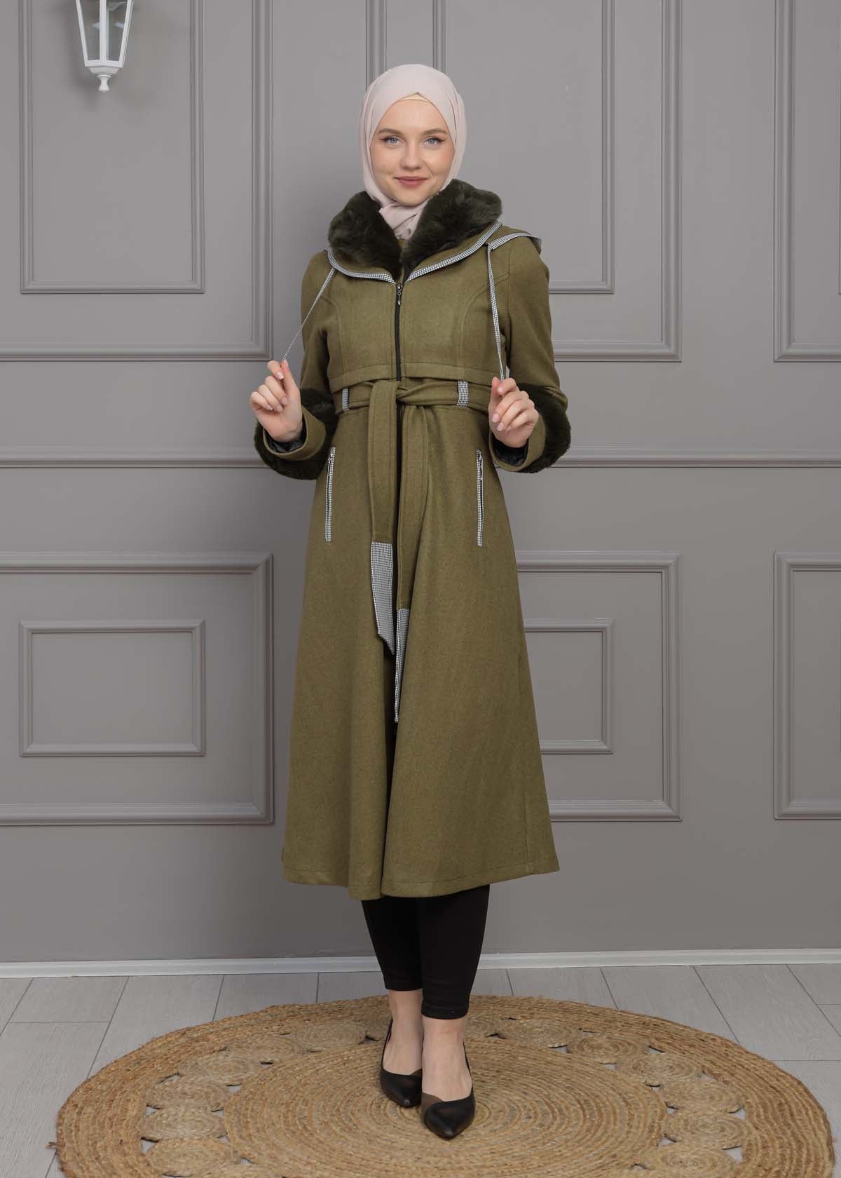 Luxuriöser Damen Trenchcoat aus Wolltuch mit Kaninchenfutter 1355 - Khaki