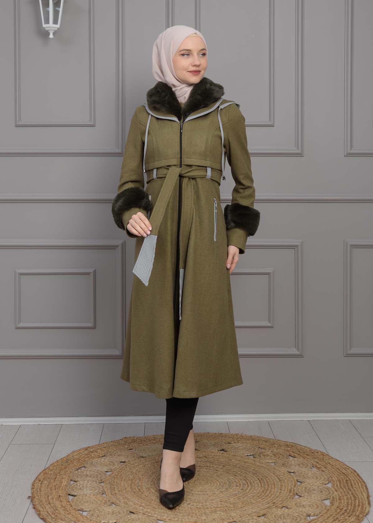 Luxuriöser Damen Trenchcoat aus Wolltuch mit Kaninchenfutter 1355 - Khaki