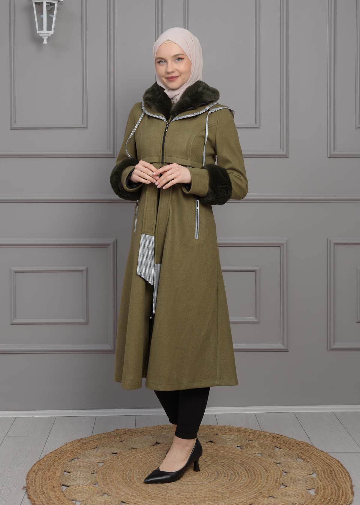 Luxuriöser Damen Trenchcoat aus Wolltuch mit Kaninchenfutter 1355 - Khaki