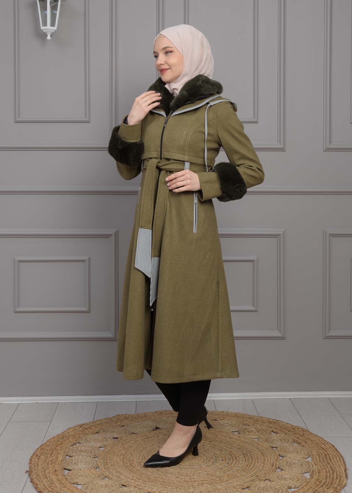 Luxuriöser Damen Trenchcoat aus Wolltuch mit Kaninchenfutter 1355 - Khaki