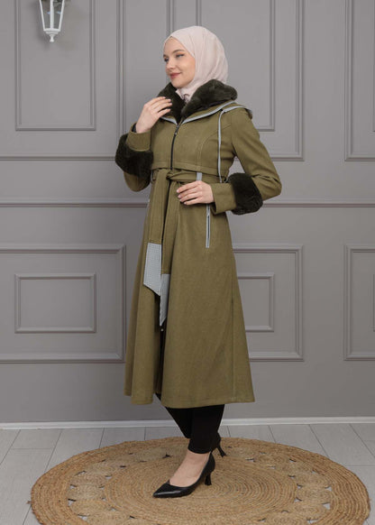 Luxuriöser Damen Trenchcoat aus Wolltuch mit Kaninchenfutter 1355 - Khaki