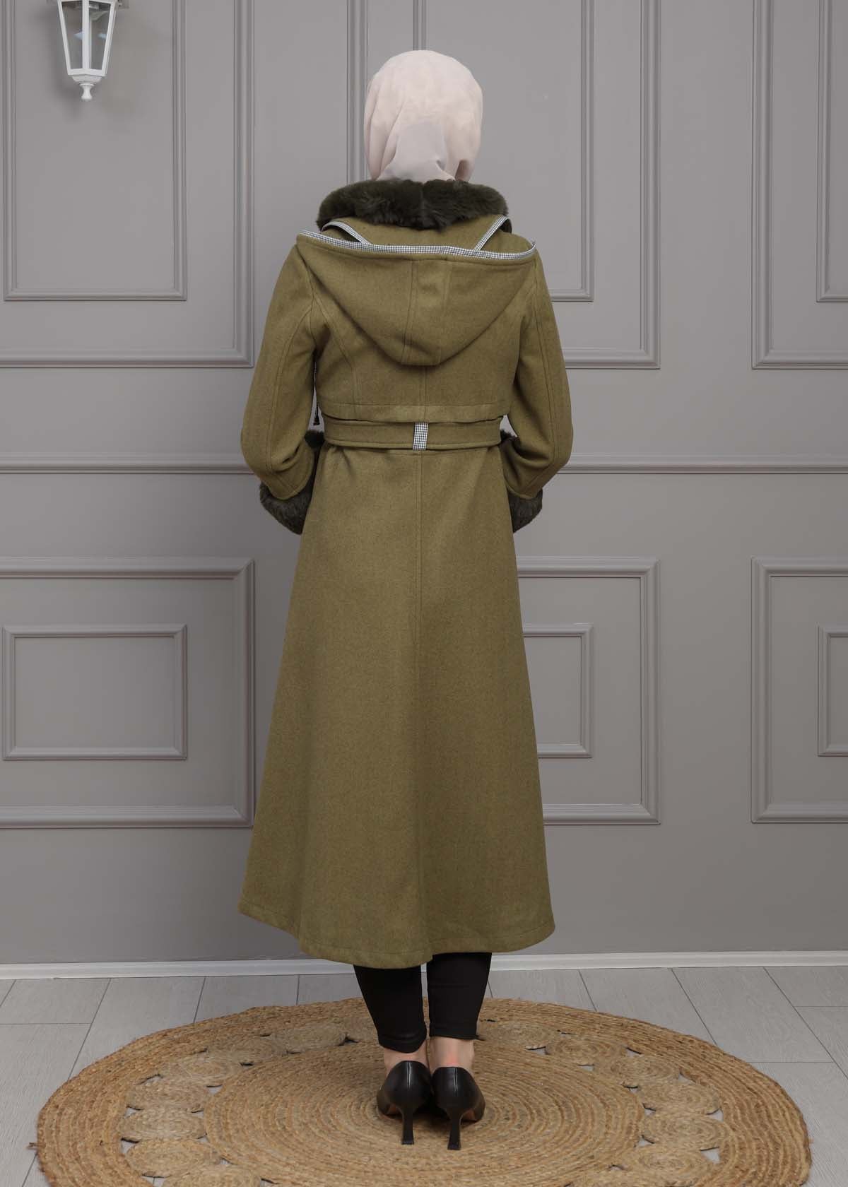 Luxuriöser Damen Trenchcoat aus Wolltuch mit Kaninchenfutter 1355 - Khaki