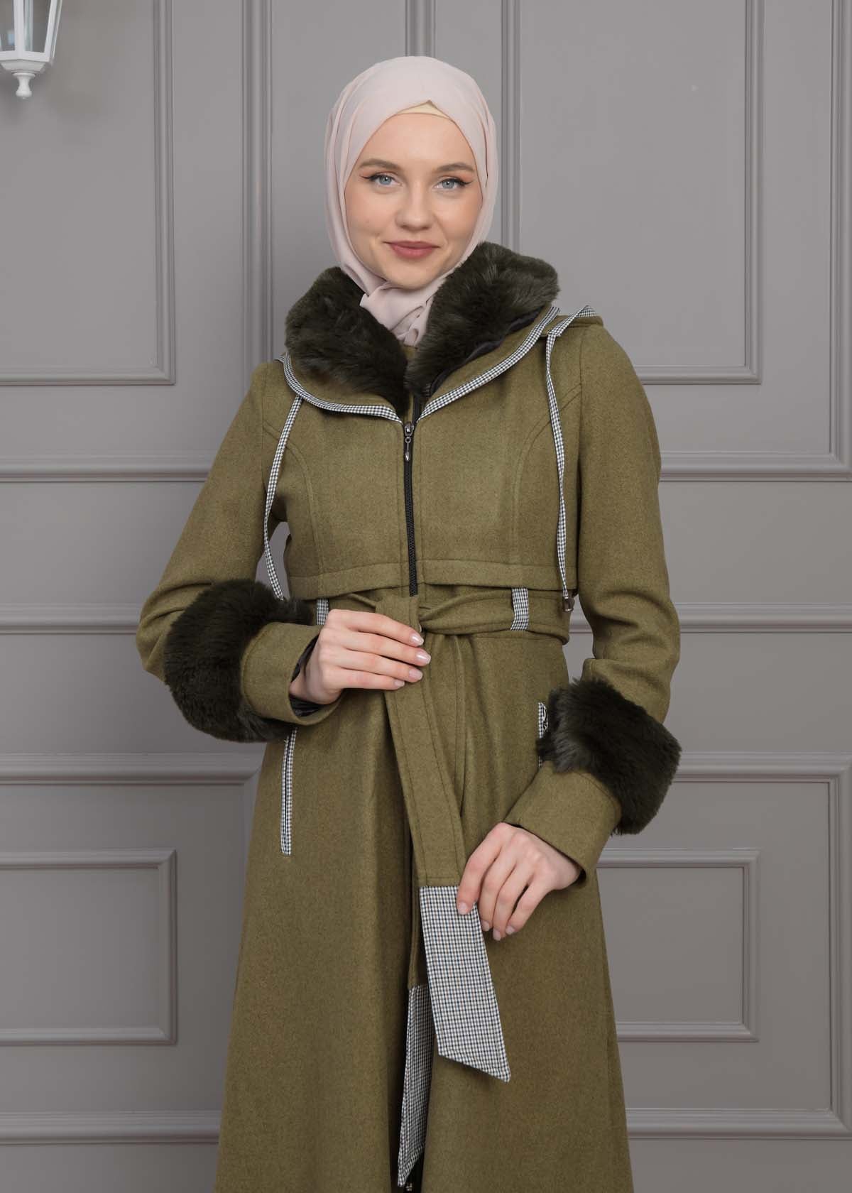 Luxuriöser Damen Trenchcoat aus Wolltuch mit Kaninchenfutter 1355 - Khaki