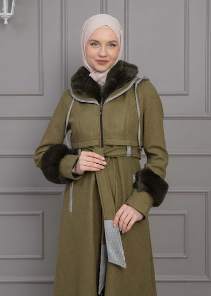 Luxuriöser Damen Trenchcoat aus Wolltuch mit Kaninchenfutter 1355 - Khaki