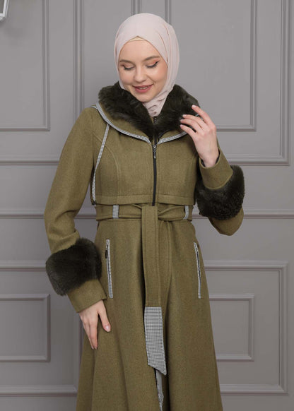 Luxuriöser Damen Trenchcoat aus Wolltuch mit Kaninchenfutter 1355 - Khaki