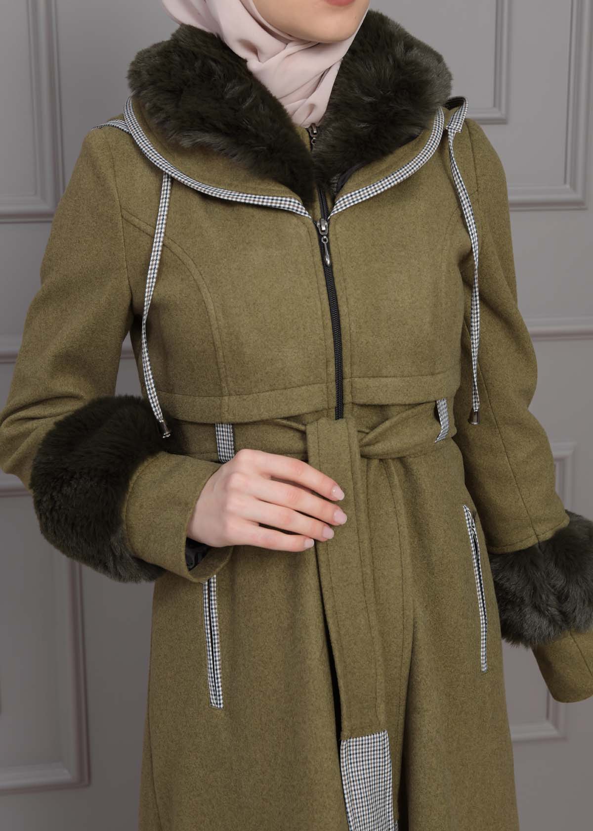 Luxuriöser Damen Trenchcoat aus Wolltuch mit Kaninchenfutter 1355 - Khaki