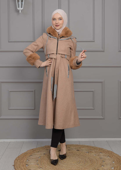 Luxuriöser Damen Trenchcoat aus Wolltuch mit Kaninchenfutter 1355 - Beige