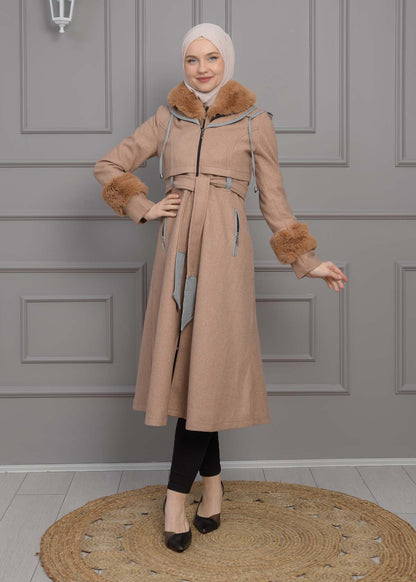 Luxuriöser Damen Trenchcoat aus Wolltuch mit Kaninchenfutter 1355 - Beige