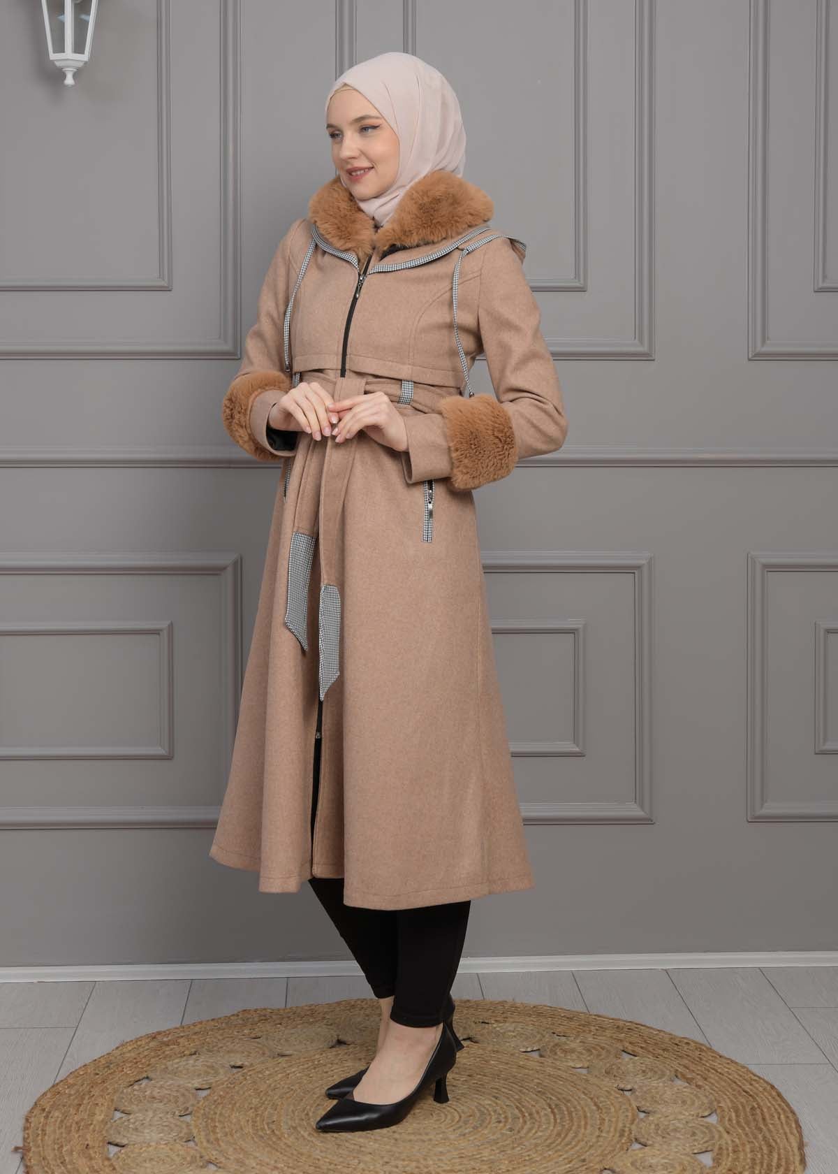 Luxuriöser Damen Trenchcoat aus Wolltuch mit Kaninchenfutter 1355 - Beige