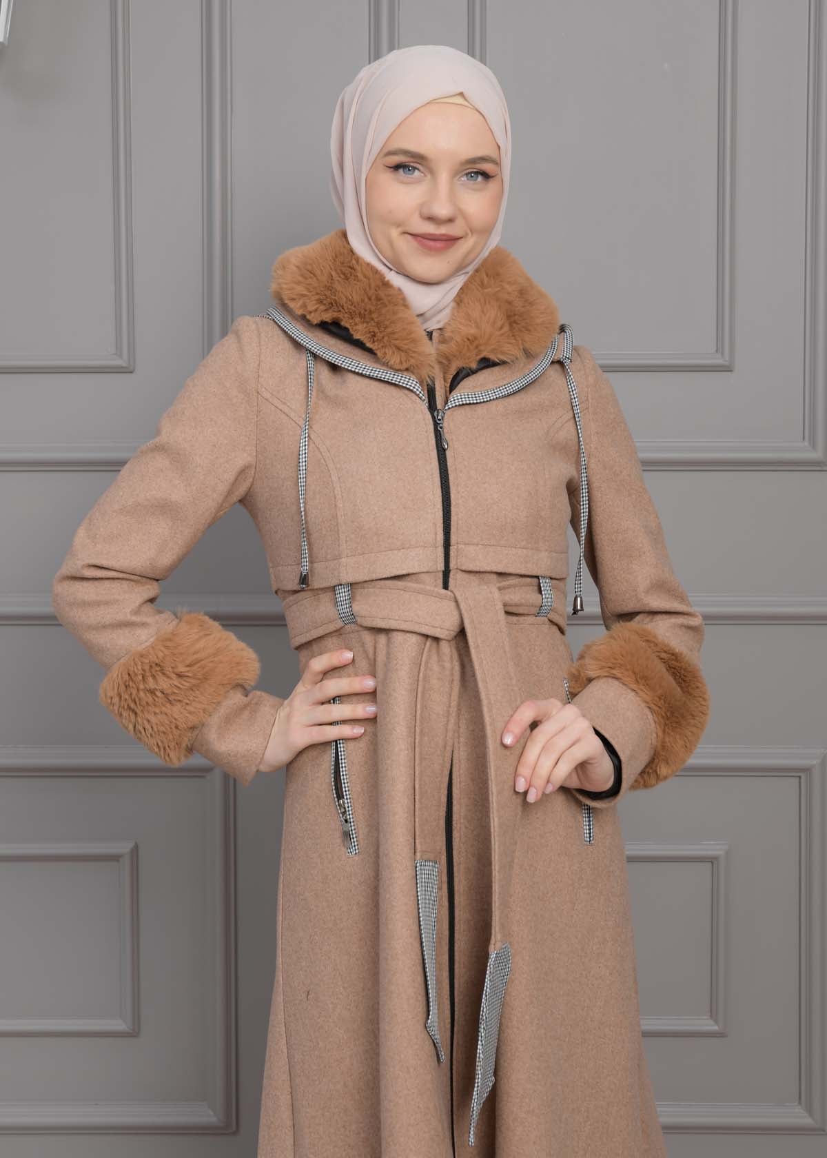 Luxuriöser Damen Trenchcoat aus Wolltuch mit Kaninchenfutter 1355 - Beige