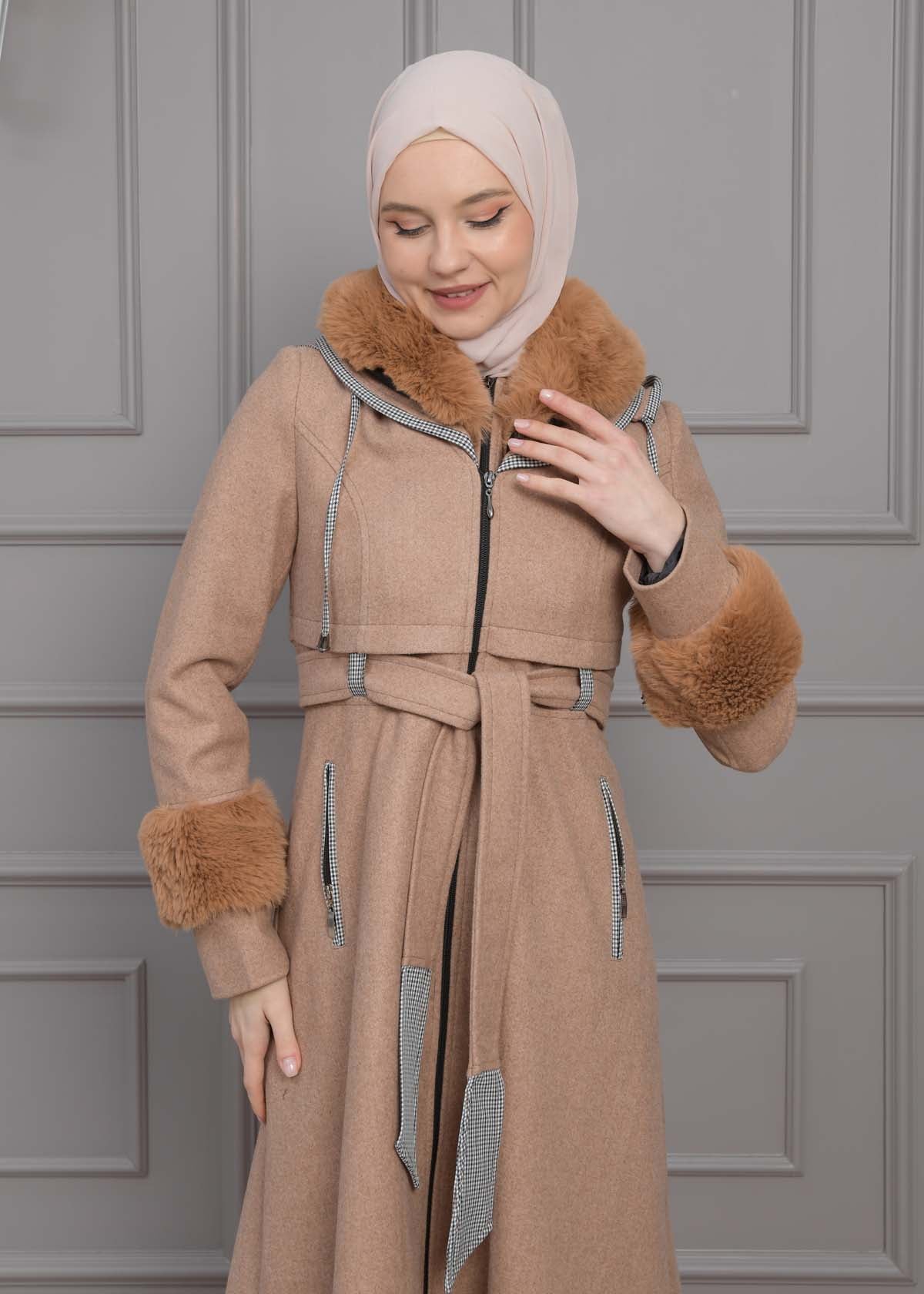 Luxuriöser Damen Trenchcoat aus Wolltuch mit Kaninchenfutter 1355 - Beige