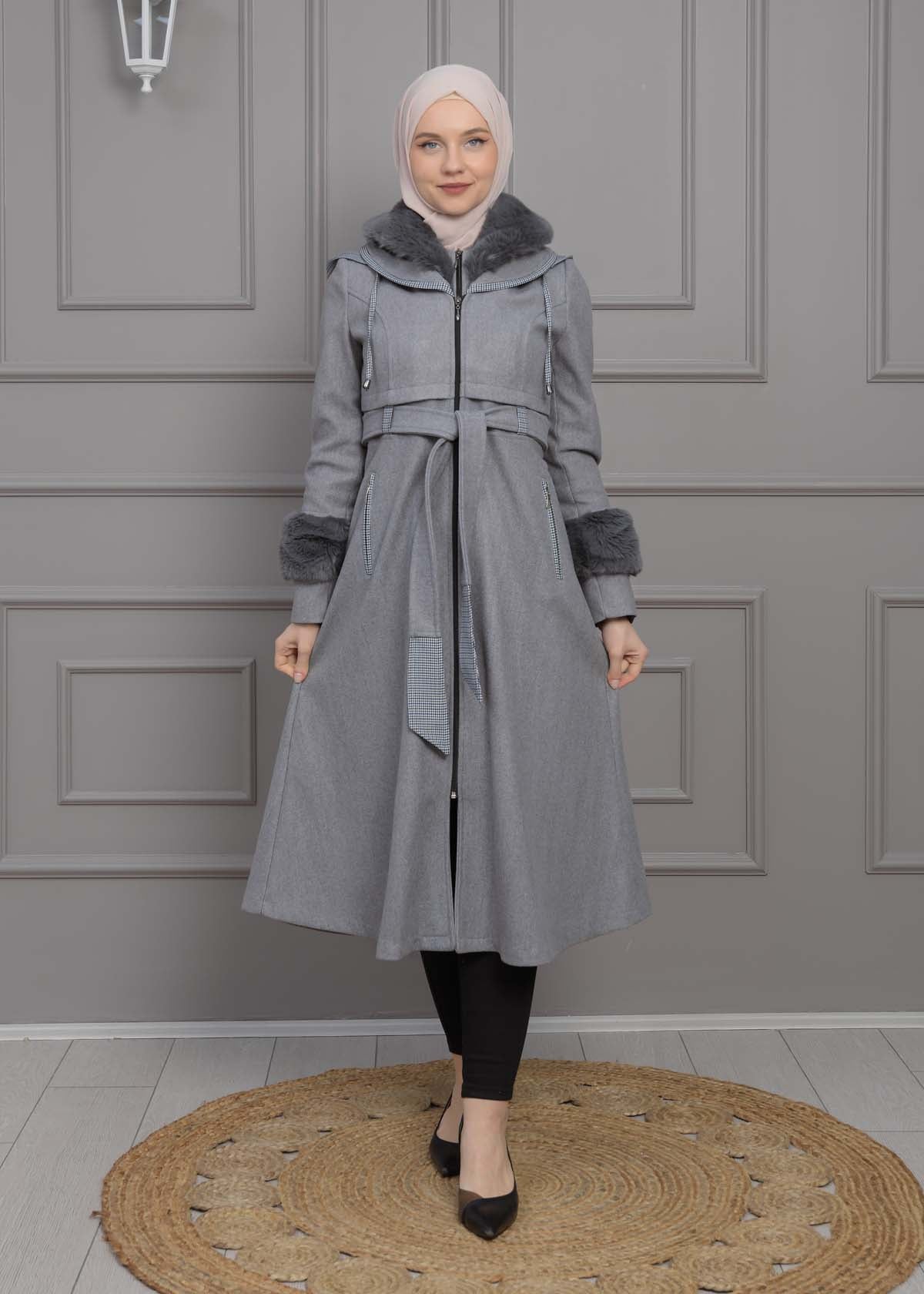 Luxuriöser Damen Trenchcoat aus Wolltuch mit Kaninchenfutter 1355 - Grau