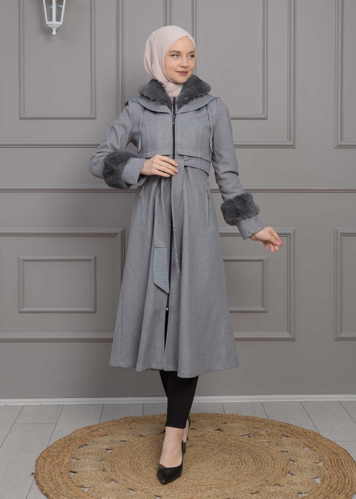 Luxuriöser Damen Trenchcoat aus Wolltuch mit Kaninchenfutter 1355 - Grau