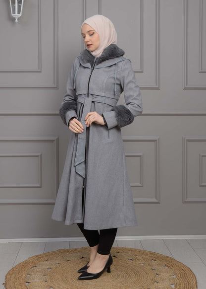 Luxuriöser Damen Trenchcoat aus Wolltuch mit Kaninchenfutter 1355 - Grau
