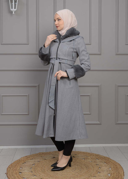 Luxuriöser Damen Trenchcoat aus Wolltuch mit Kaninchenfutter 1355 - Grau